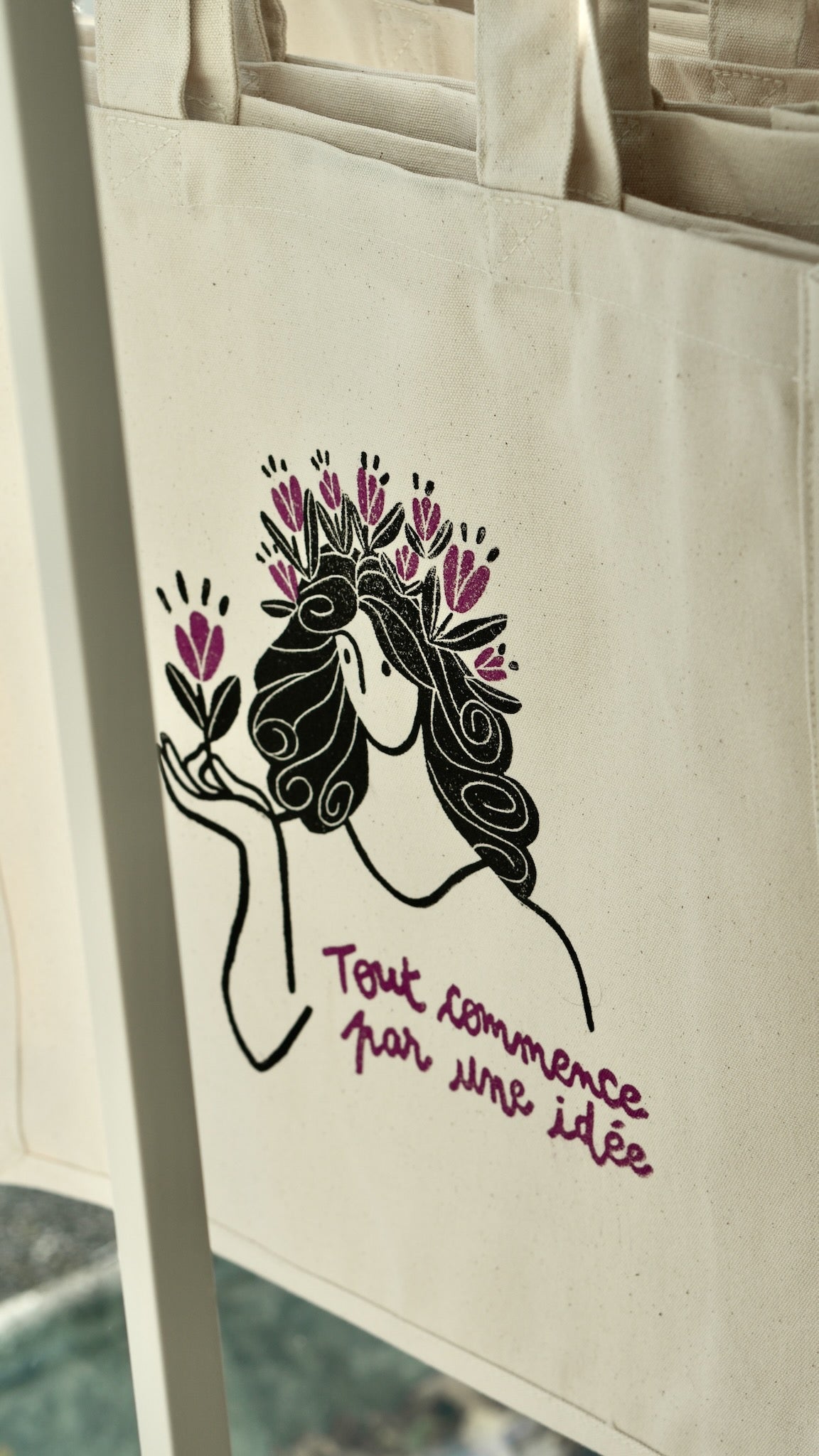 Sac en coton &quot;Tout commence par une idée&quot; - Prune