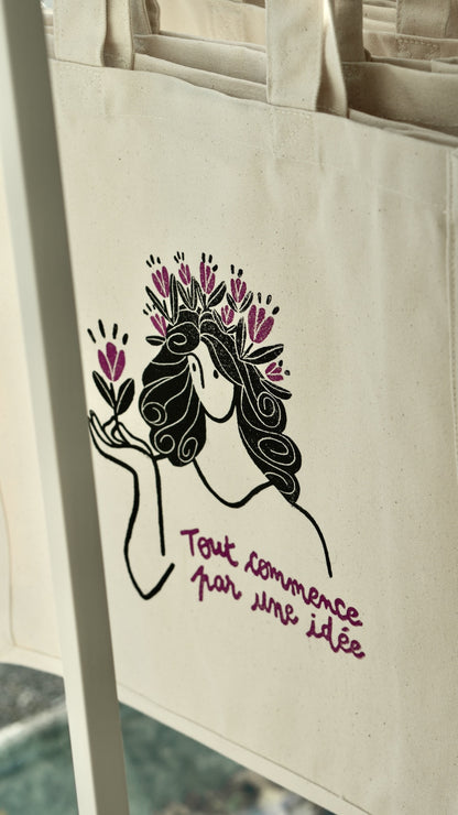 Sac en coton &quot;Tout commence par une idée&quot; - Prune