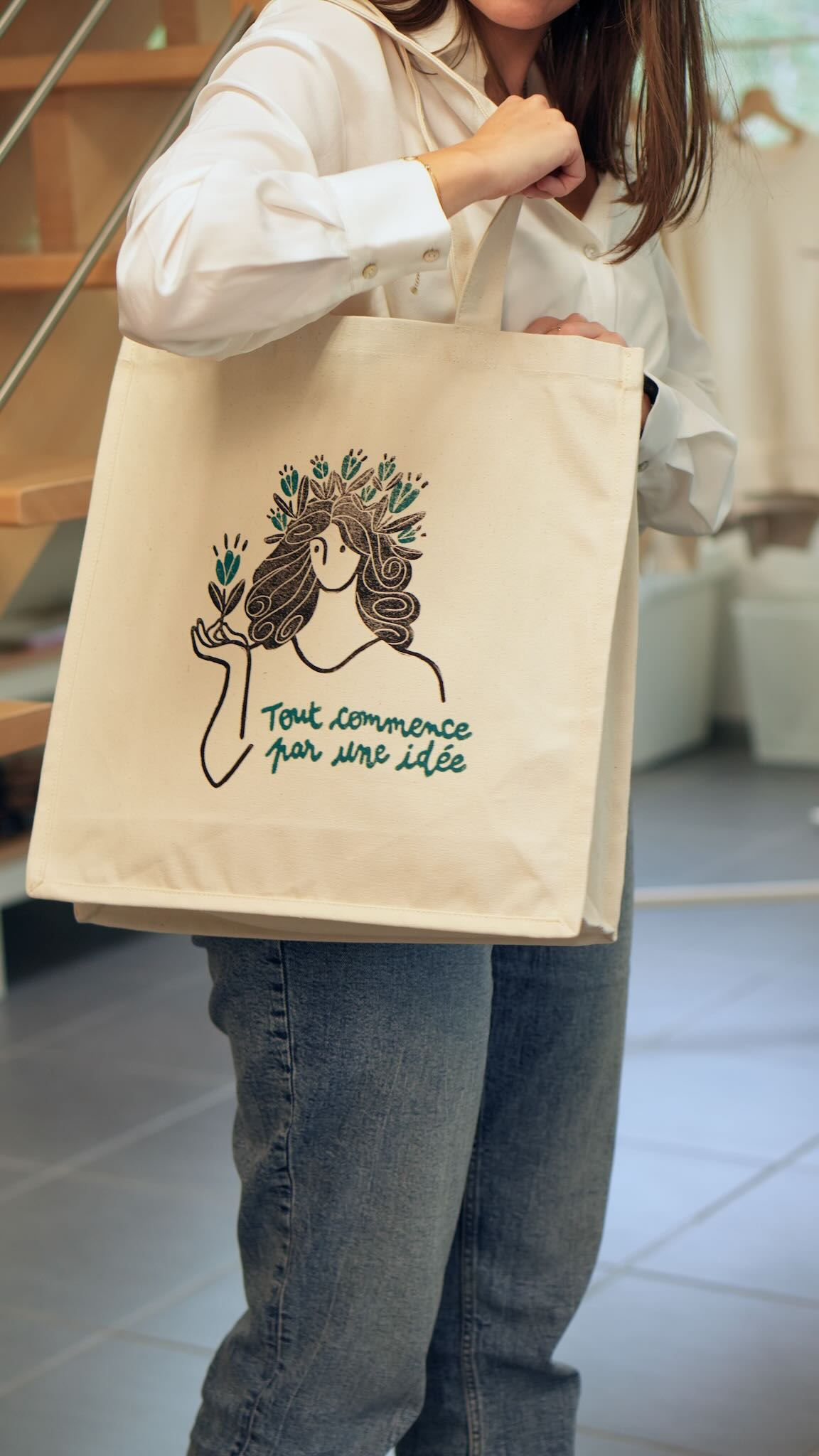 Sac en coton  &quot;Tout commence par une idée&quot; - Bleu