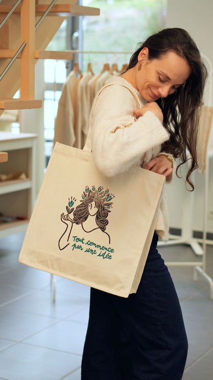 Sac en coton  &quot;Tout commence par une idée&quot; - Bleu