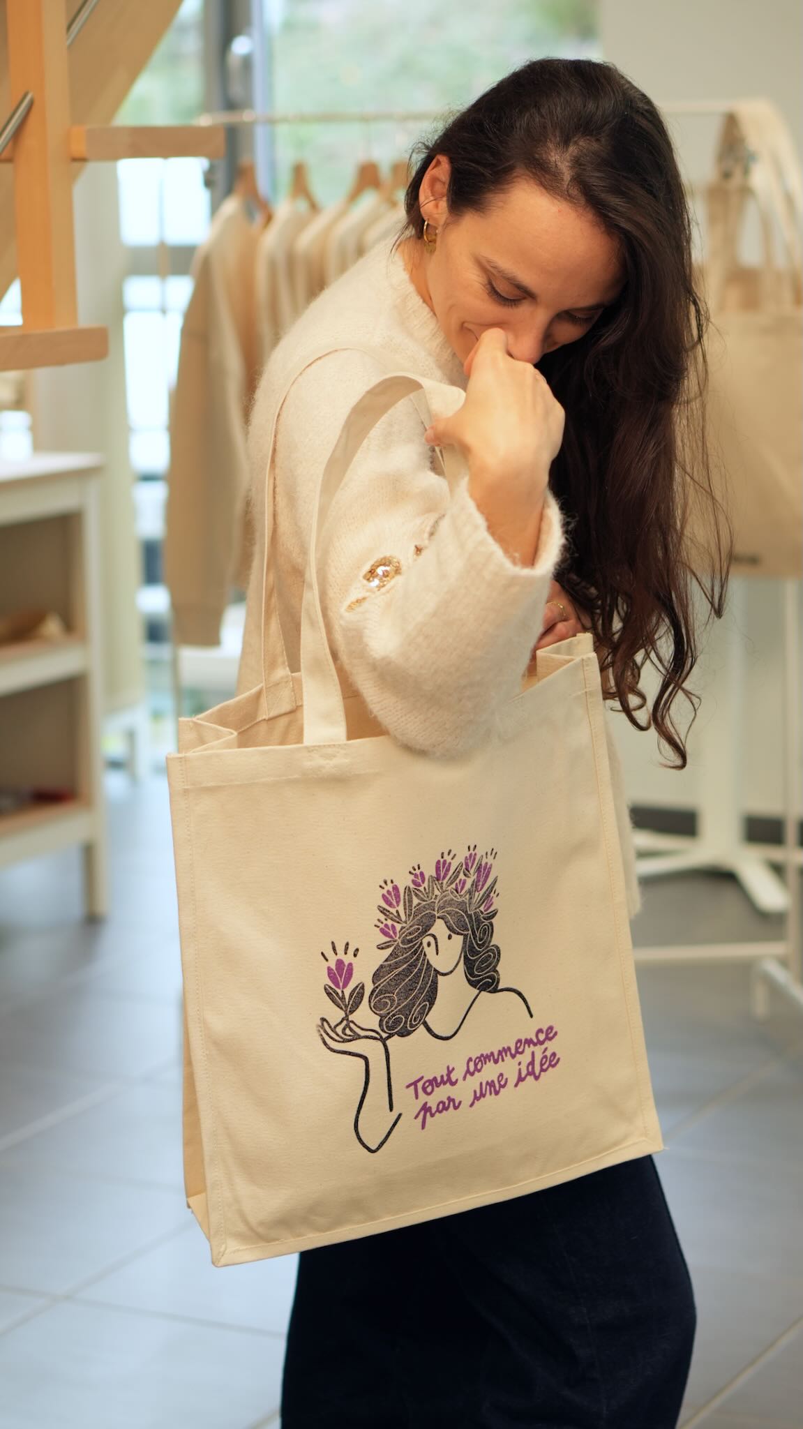 Sac en coton &quot;Tout commence par une idée&quot; - Prune